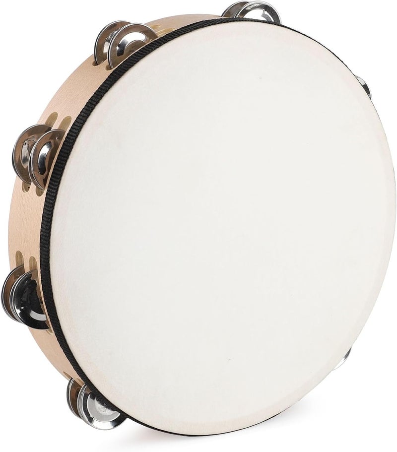 LIEKE Goatskin Tambourine 10 Inch Beechwood Hand Held Drum for Adult with 8 Pairs Metal Jingles for Music Classroom Dance Party Church Game Props - Image 1